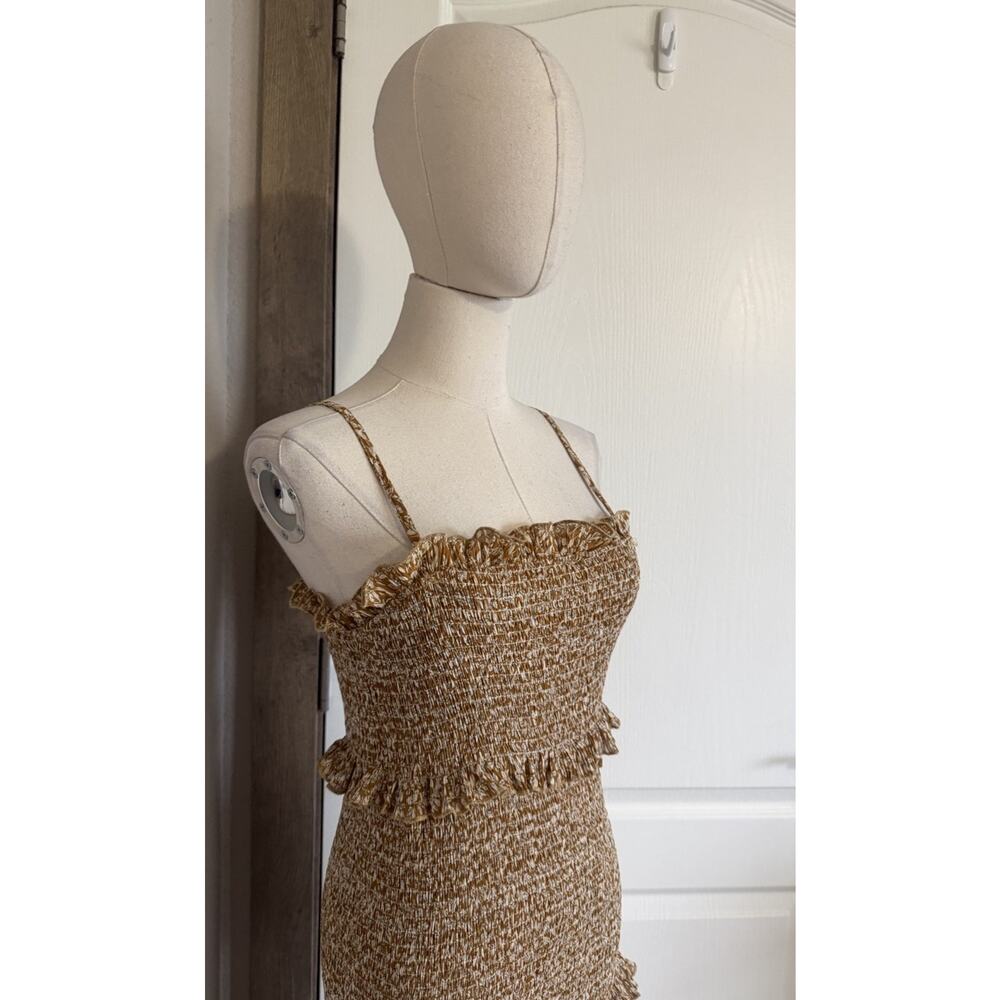 Mable Size Small Mustard Leaf Print Ruffle Tiered Smocked Fitted Midi Dress - Picture 5 of 16